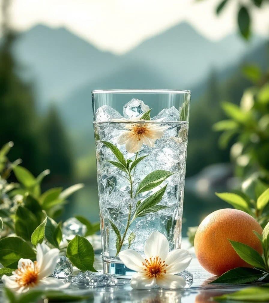 Glass of mineral water with natural elements